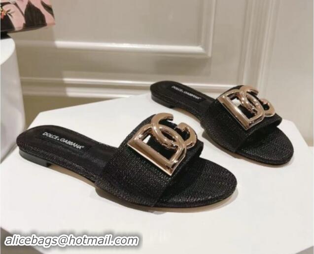 Classic Hot Dolce & Gabbana DG Straw-Like Flat Slide Sandals Black 725046