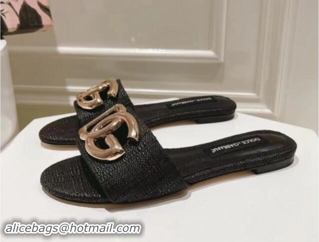 Classic Hot Dolce & Gabbana DG Straw-Like Flat Slide Sandals Black 725046