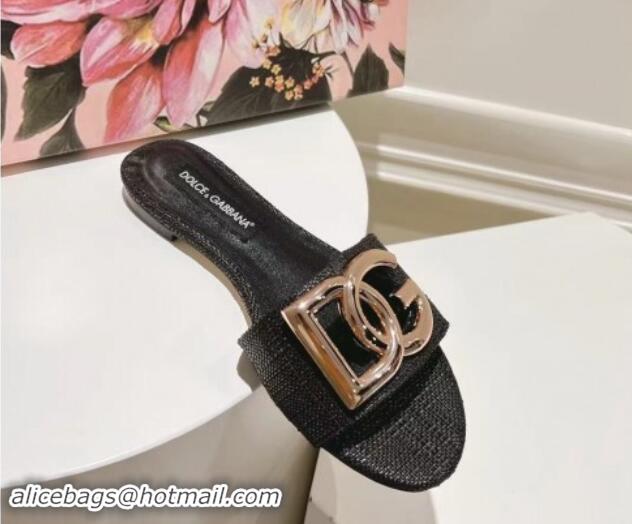 Classic Hot Dolce & Gabbana DG Straw-Like Flat Slide Sandals Black 725046