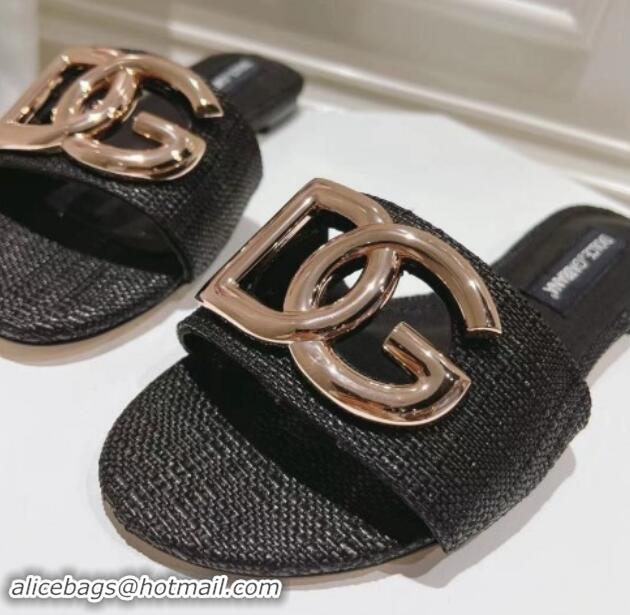 Classic Hot Dolce & Gabbana DG Straw-Like Flat Slide Sandals Black 725046