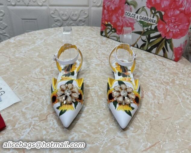 Perfect Dolce & Gabbana DG Printed Calfskin Flat Shoes with Strass Charm White 725048