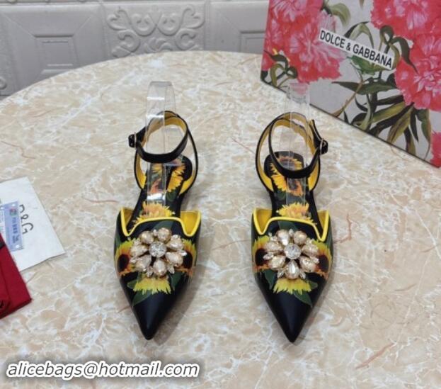 Big Discount Dolce & Gabbana DG Printed Calfskin Flat Shoes with Strass Charm Black 725049