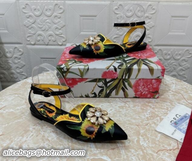 Big Discount Dolce & Gabbana DG Printed Calfskin Flat Shoes with Strass Charm Black 725049