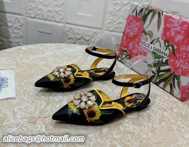 Big Discount Dolce & Gabbana DG Printed Calfskin Flat Shoes with Strass Charm Black 725049