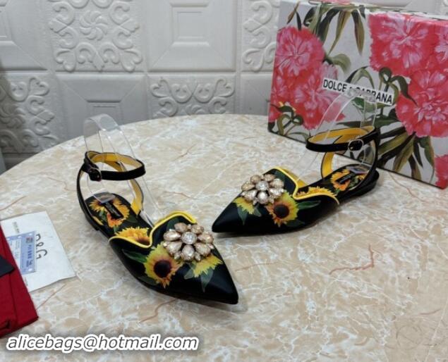 Big Discount Dolce & Gabbana DG Printed Calfskin Flat Shoes with Strass Charm Black 725049