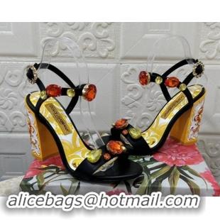 Luxurious Dolce & Gabbana DG Printed Calfskin High Heel Sandals 10.5cm with Strass Black 813001