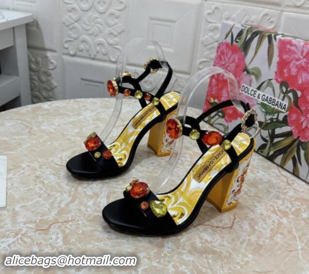 Luxurious Dolce & Gabbana DG Printed Calfskin High Heel Sandals 10.5cm with Strass Black 813001