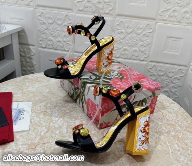 Luxurious Dolce & Gabbana DG Printed Calfskin High Heel Sandals 10.5cm with Strass Black 813001