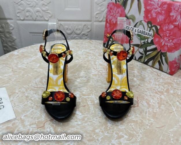 Luxurious Dolce & Gabbana DG Printed Calfskin High Heel Sandals 10.5cm with Strass Black 813001