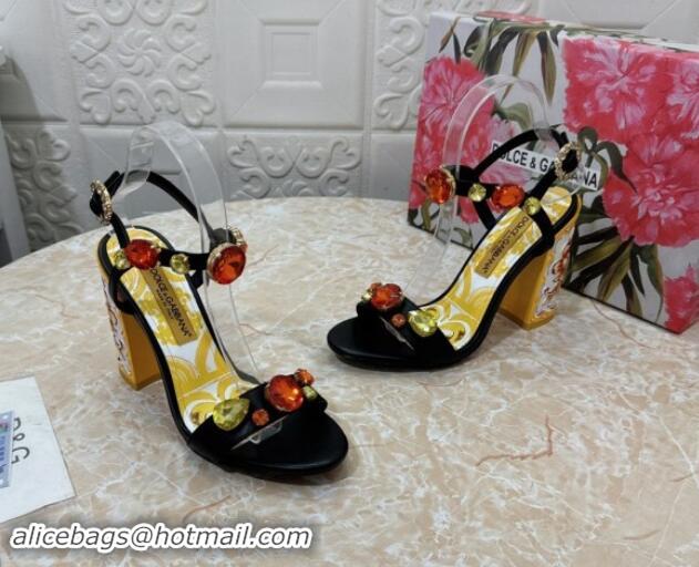 Luxurious Dolce & Gabbana DG Printed Calfskin High Heel Sandals 10.5cm with Strass Black 813001