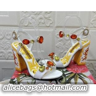 Low Price Dolce & Gabbana DG Printed Calfskin High Heel Sandals 10.5cm with Strass White 813002