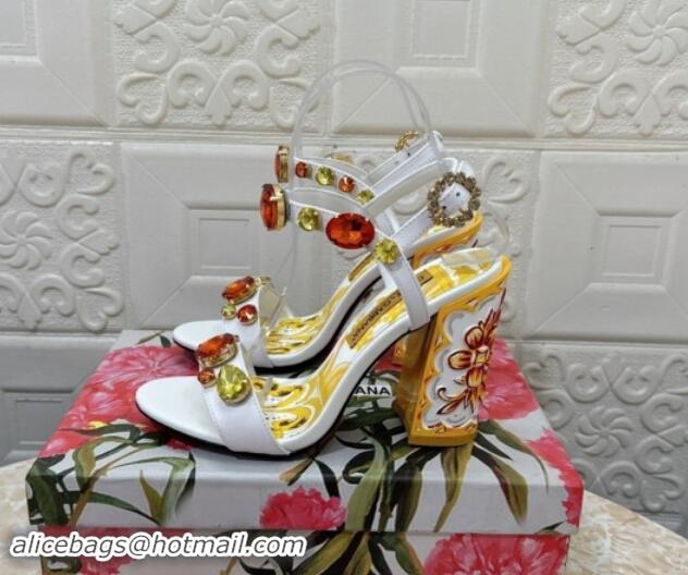 Low Price Dolce & Gabbana DG Printed Calfskin High Heel Sandals 10.5cm with Strass White 813002