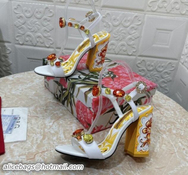 Low Price Dolce & Gabbana DG Printed Calfskin High Heel Sandals 10.5cm with Strass White 813002