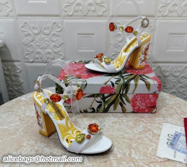 Low Price Dolce & Gabbana DG Printed Calfskin High Heel Sandals 10.5cm with Strass White 813002