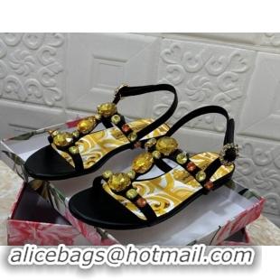 Duplicate Dolce & Gabbana DG Printed Calfskin Flat Slides Sandal with Strass Black 813004