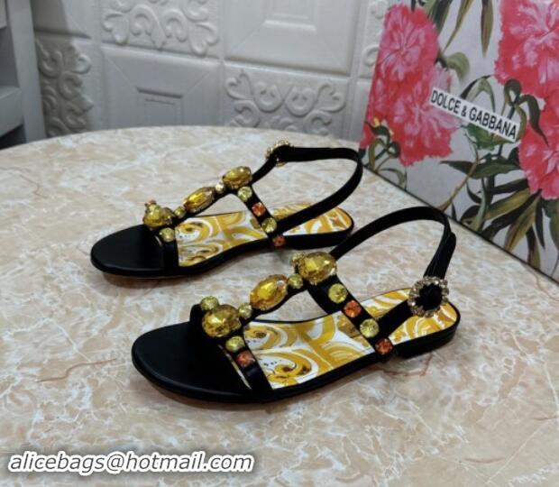 Duplicate Dolce & Gabbana DG Printed Calfskin Flat Slides Sandal with Strass Black 813004