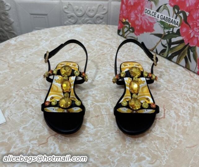 Duplicate Dolce & Gabbana DG Printed Calfskin Flat Slides Sandal with Strass Black 813004