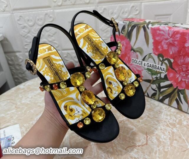 Duplicate Dolce & Gabbana DG Printed Calfskin Flat Slides Sandal with Strass Black 813004