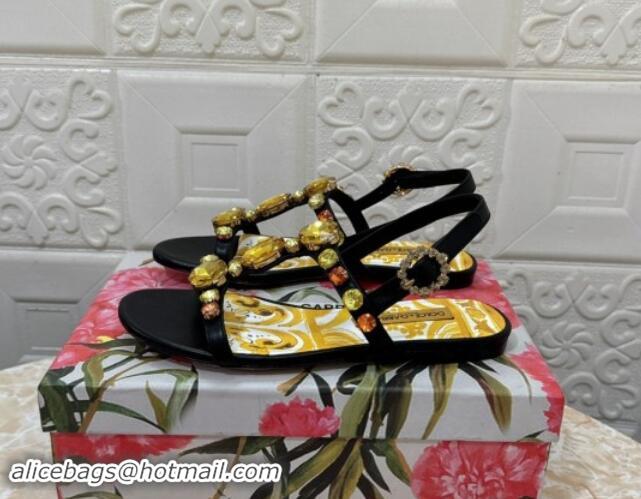 Duplicate Dolce & Gabbana DG Printed Calfskin Flat Slides Sandal with Strass Black 813004