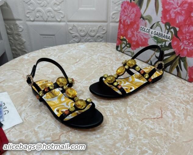 Duplicate Dolce & Gabbana DG Printed Calfskin Flat Slides Sandal with Strass Black 813004