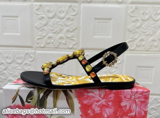 Duplicate Dolce & Gabbana DG Printed Calfskin Flat Slides Sandal with Strass Black 813004