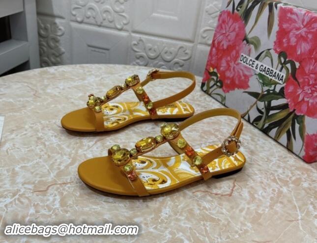 Big Discount Dolce & Gabbana DG Printed Calfskin Flat Slides Sandal with Strass Brown 813005