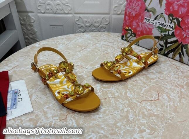 Big Discount Dolce & Gabbana DG Printed Calfskin Flat Slides Sandal with Strass Brown 813005