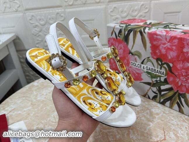 Best Price Dolce & Gabbana DG Printed Calfskin Flat Slides Sandal with Strass White 813006