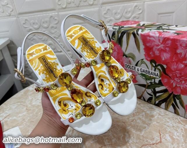 Best Price Dolce & Gabbana DG Printed Calfskin Flat Slides Sandal with Strass White 813006