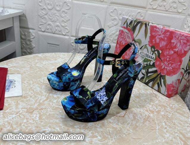 Cheap Price Dolce & Gabbana DG Printed Satin High Heel Platform Sandals 13.5cm Black/Blue 813007