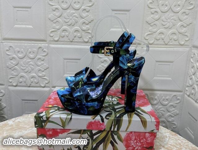 Cheap Price Dolce & Gabbana DG Printed Satin High Heel Platform Sandals 13.5cm Black/Blue 813007