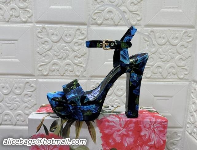 Cheap Price Dolce & Gabbana DG Printed Satin High Heel Platform Sandals 13.5cm Black/Blue 813007