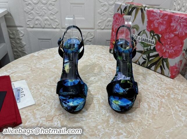 Cheap Price Dolce & Gabbana DG Printed Satin High Heel Platform Sandals 13.5cm Black/Blue 813007