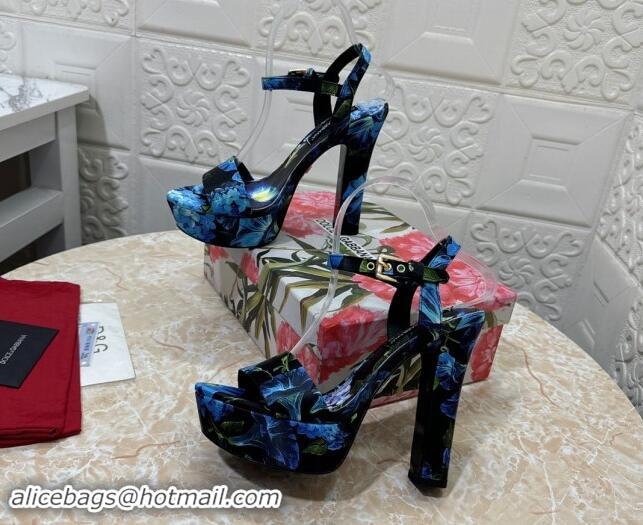 Cheap Price Dolce & Gabbana DG Printed Satin High Heel Platform Sandals 13.5cm Black/Blue 813007