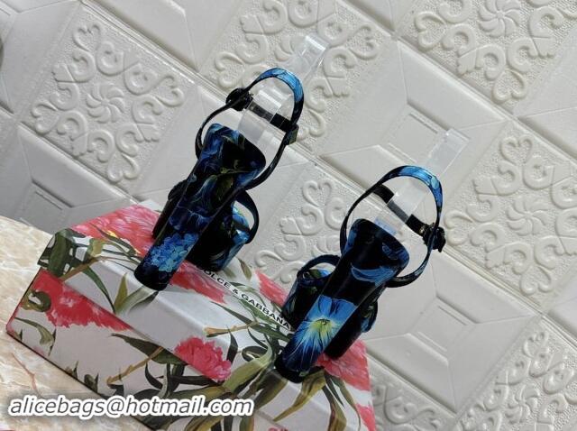 Cheap Price Dolce & Gabbana DG Printed Satin High Heel Platform Sandals 13.5cm Black/Blue 813007