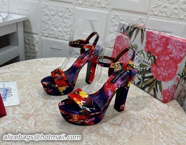 Good Product Dolce & Gabbana DG Printed Satin High Heel Platform Sandals 13.5cm Purple/Red 813008