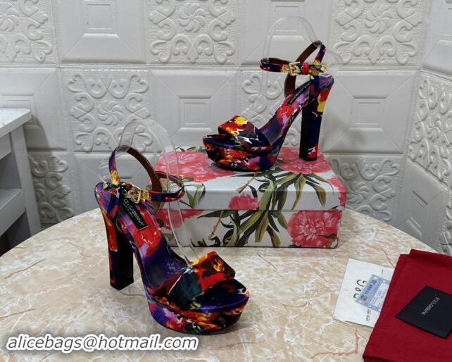 Good Product Dolce & Gabbana DG Printed Satin High Heel Platform Sandals 13.5cm Purple/Red 813008