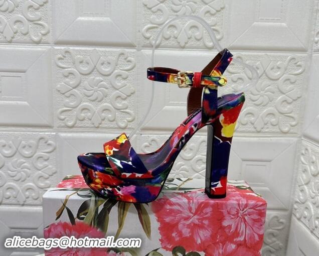 Good Product Dolce & Gabbana DG Printed Satin High Heel Platform Sandals 13.5cm Purple/Red 813008