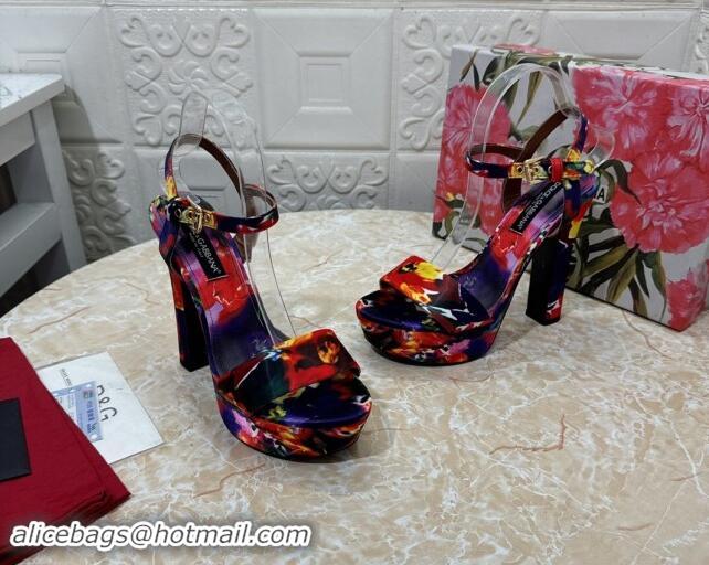 Good Product Dolce & Gabbana DG Printed Satin High Heel Platform Sandals 13.5cm Purple/Red 813008