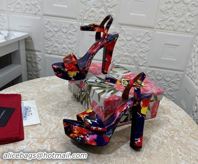 Good Product Dolce & Gabbana DG Printed Satin High Heel Platform Sandals 13.5cm Purple/Red 813008