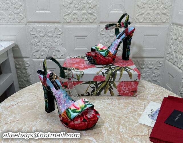 Most Popular Dolce & Gabbana DG Printed Satin High Heel Platform Sandals 13.5cm Light Purple 813009