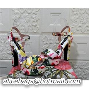 Good Quality Dolce & Gabbana DG Printed Satin High Heel Platform Sandals 13.5cm White 813010