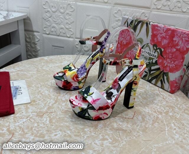 Good Quality Dolce & Gabbana DG Printed Satin High Heel Platform Sandals 13.5cm White 813010