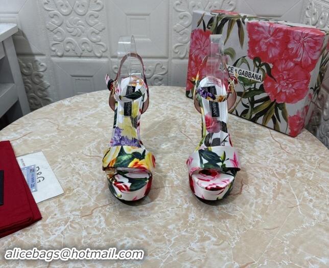 Good Quality Dolce & Gabbana DG Printed Satin High Heel Platform Sandals 13.5cm White 813010