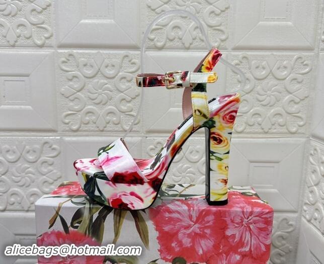 Good Quality Dolce & Gabbana DG Printed Satin High Heel Platform Sandals 13.5cm White 813010