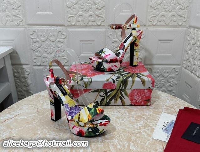 Good Quality Dolce & Gabbana DG Printed Satin High Heel Platform Sandals 13.5cm White 813010