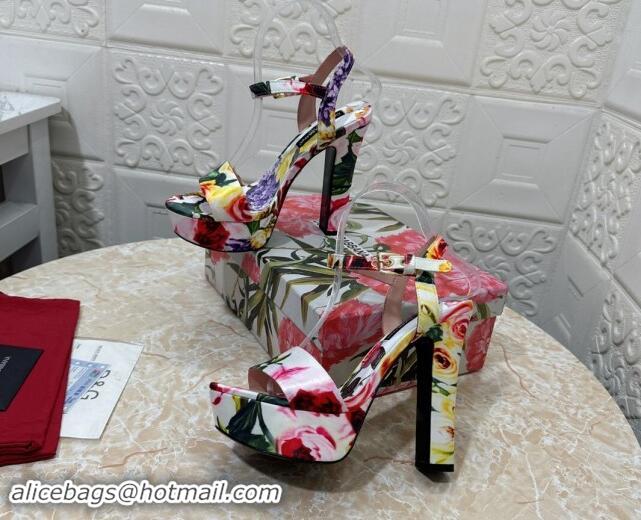 Good Quality Dolce & Gabbana DG Printed Satin High Heel Platform Sandals 13.5cm White 813010