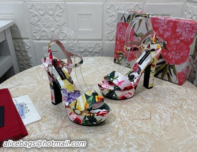 Good Quality Dolce & Gabbana DG Printed Satin High Heel Platform Sandals 13.5cm White 813010