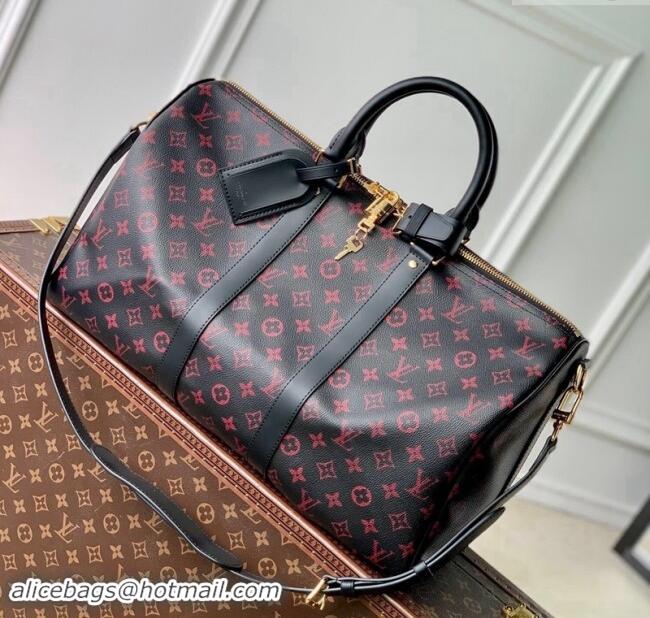 Spot Cheap Louis Vuitton Keepall Bandoulière 45 Travel Bag in Monogram Tomette Canvas M12441 Black/Pink 2024