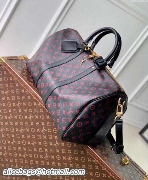 Spot Cheap Louis Vuitton Keepall Bandoulière 45 Travel Bag in Monogram Tomette Canvas M12441 Black/Pink 2024